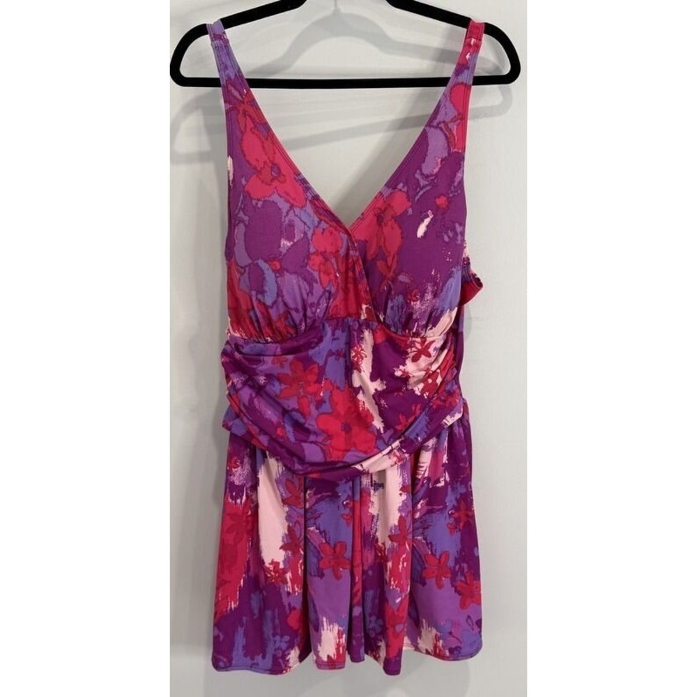 D&Co Beach Womens One Piece Swimsuit Swimdress Pink Purple Floral Skirt 20W